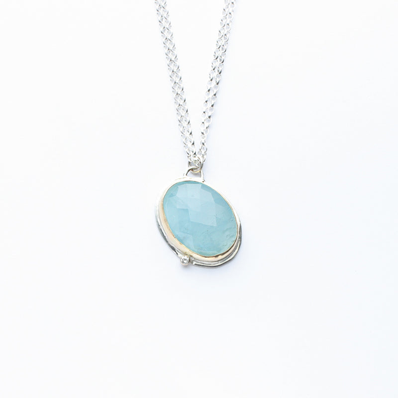 Silver & 18k Gold Aquamarine Diamond Necklace